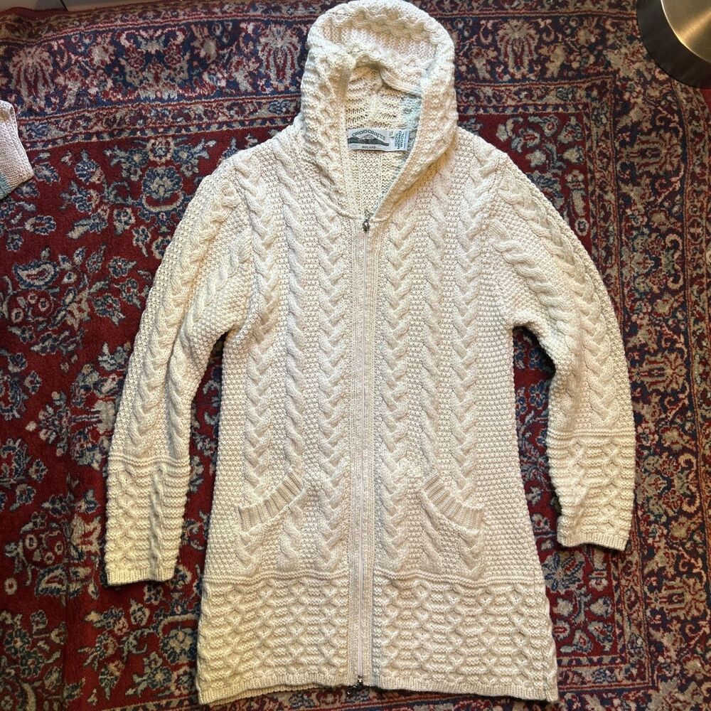 Aran Crafts 100% Merino Wool Cream Cable-Knit Hooded Full Zip Cardigan Small